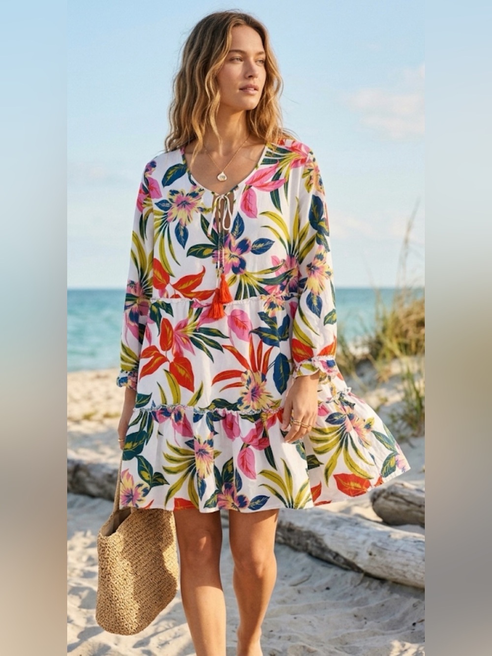 blue island tropical Floral Tiered Tunic layered 1x rayon flowy long sleeve summ